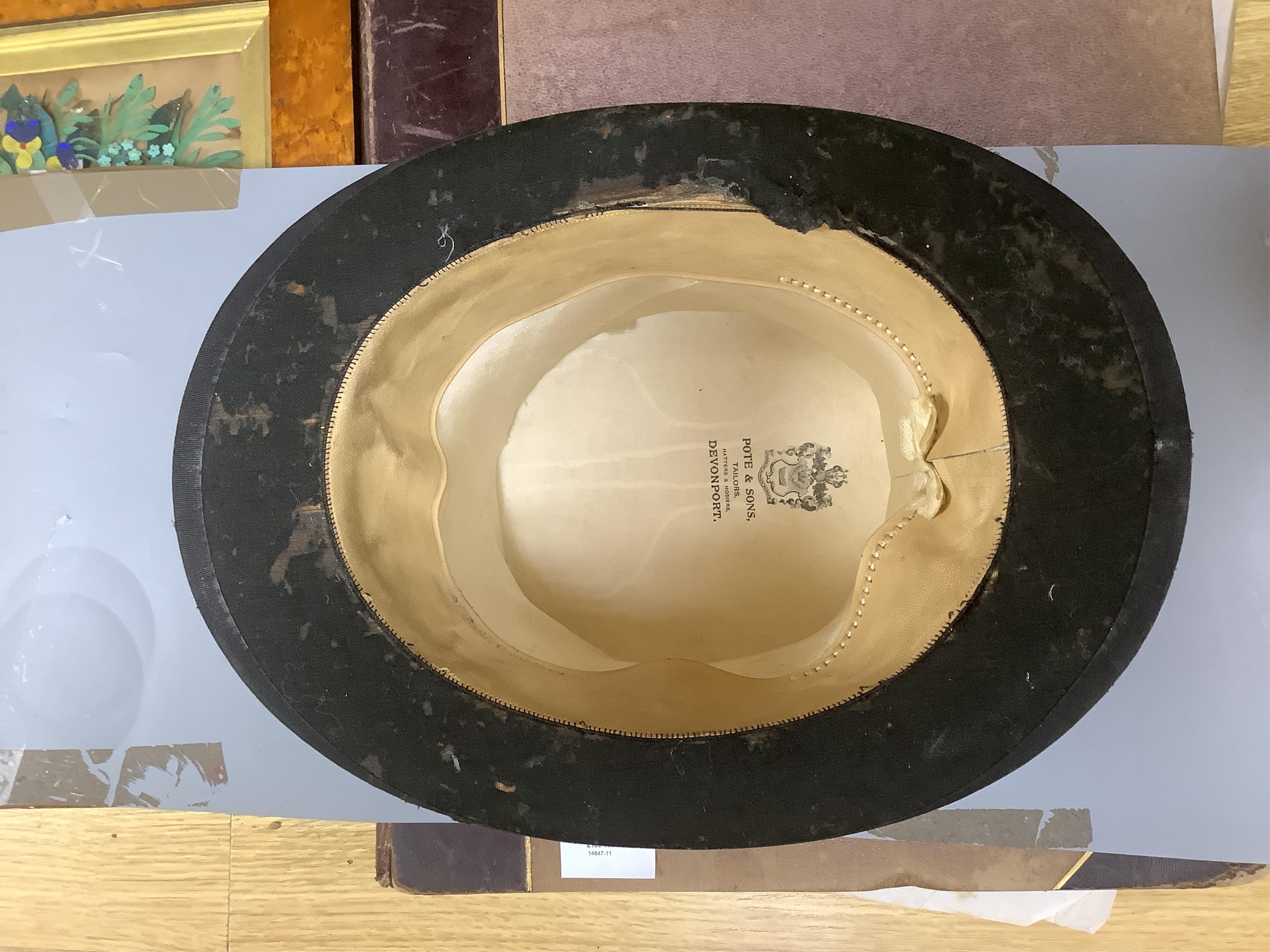 Three gentlemen’s black silk top hats and a similar grey top hat and box. Condition - grey hat good, others poor